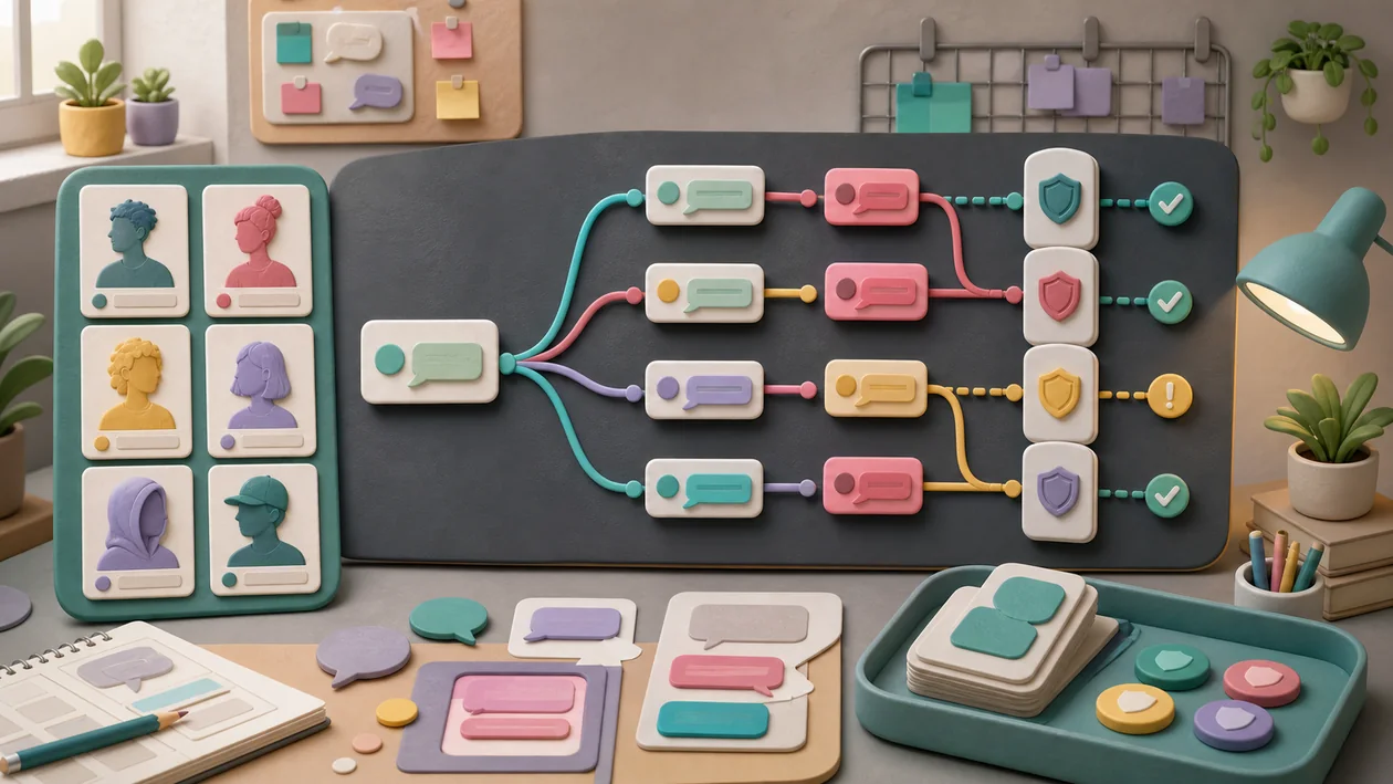 Illustration for Janitor AI: safe chatbot workshop designs dialogue paths and character cards