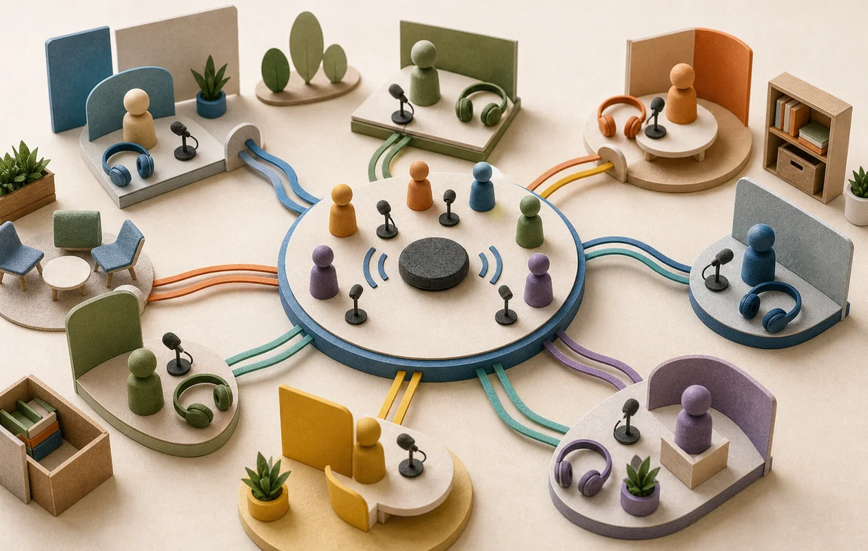 Illustration for Jitsi Meet: remote meeting stations connect in a shared conversation space