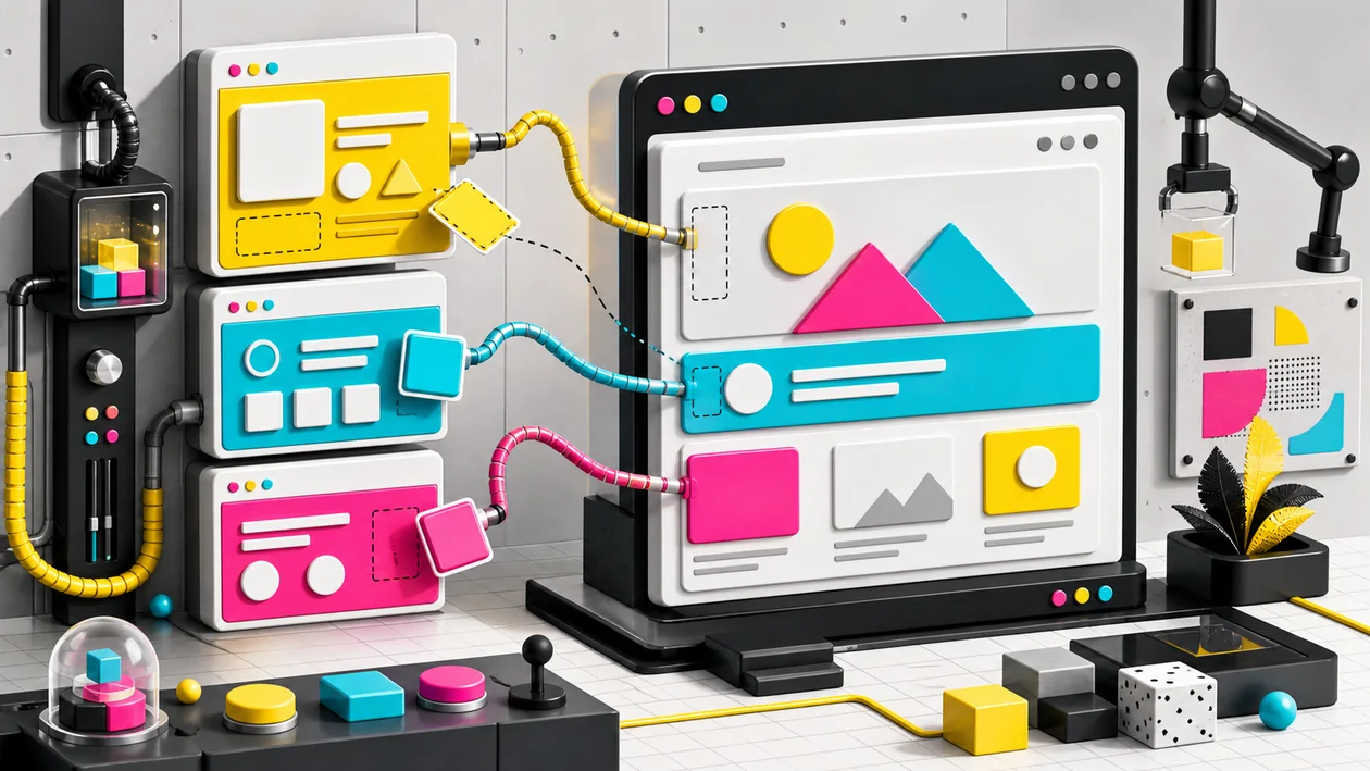 Illustration zu JSBin: Web-Prototypen werden aus abstrakten HTML-, Stil- und Script-Bloecken getestet