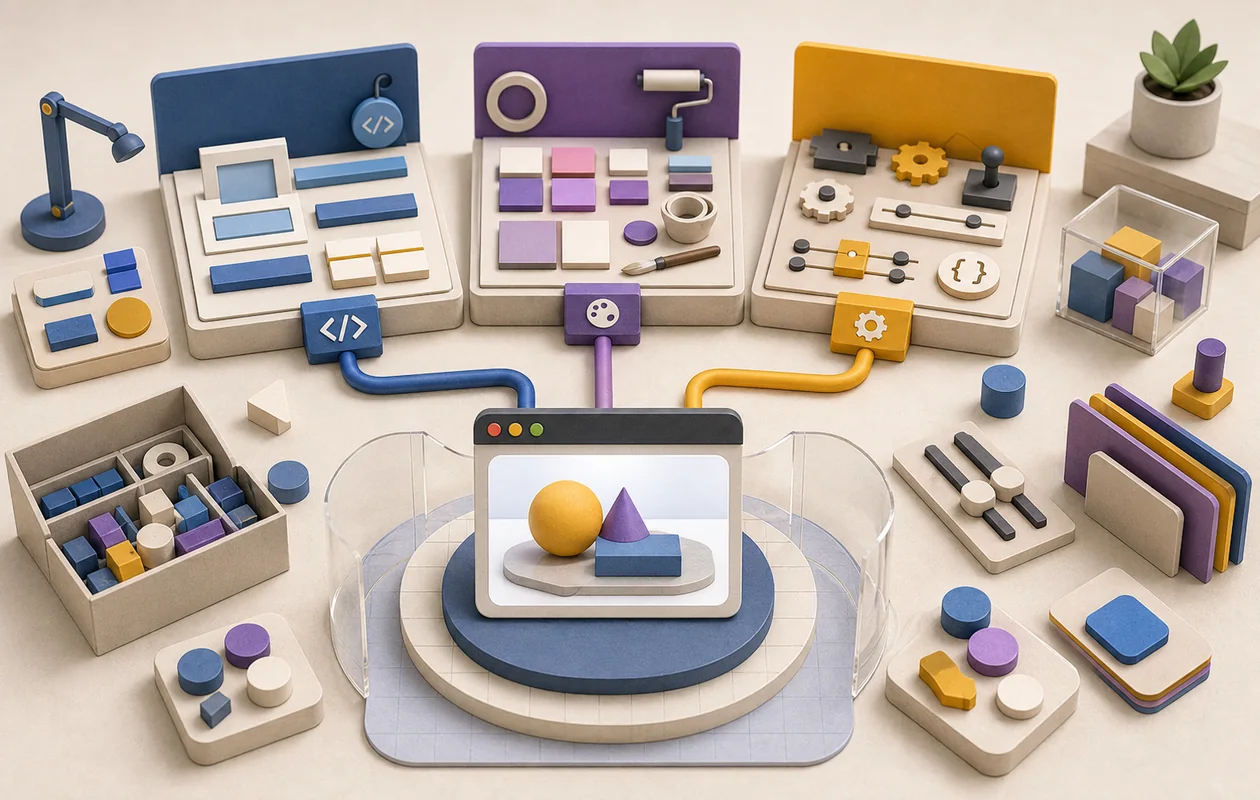 Illustration for JSFiddle: frontend building blocks are assembled in separate test areas