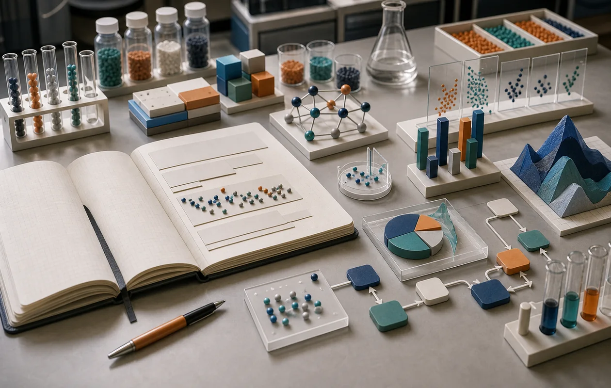 Illustration for JupyterLab: notebook, data samples, and result objects move through an analysis lab