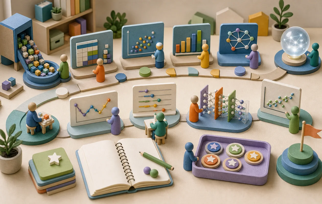 Illustration zu Kaggle Learn: Uebungsstationen fuehren von Beispieldaten zu Modell-Insights
