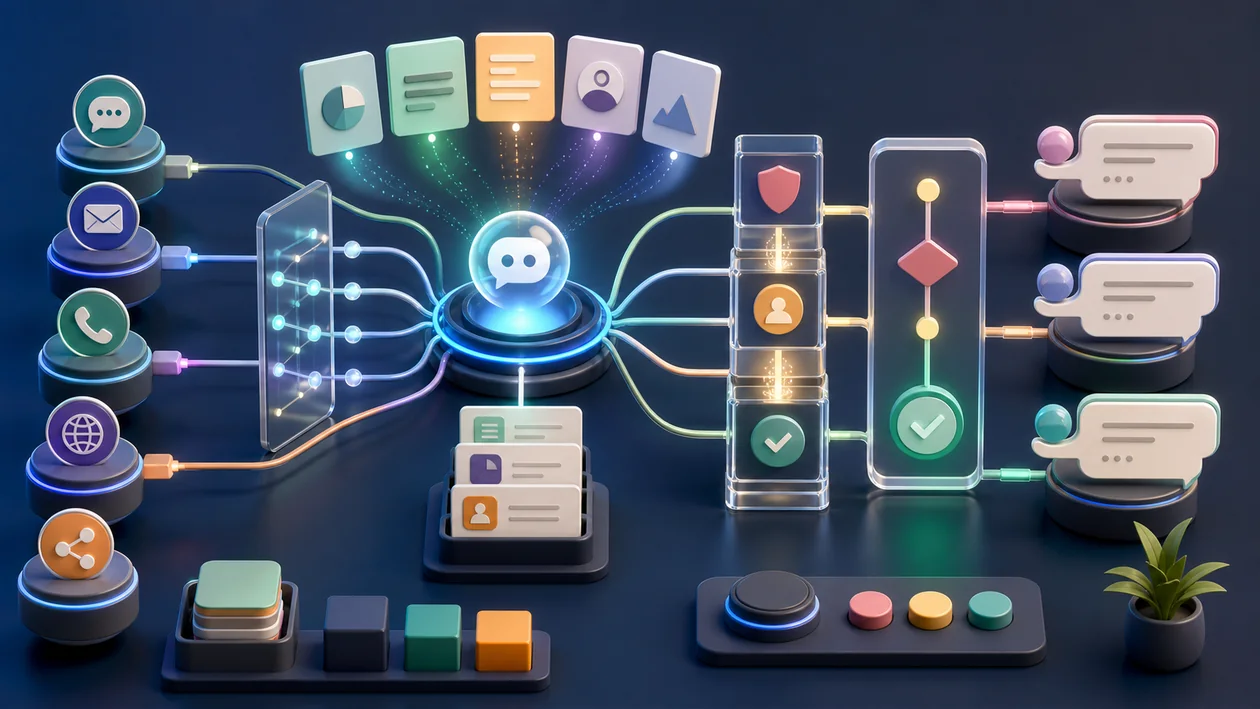 Illustration for KAI: conversational AI team connects chat channels, data cards, and answer review