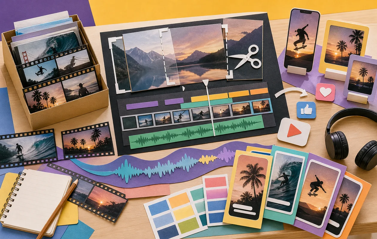 Illustration for Kapwing: video clips, format frames, and audio tracks are assembled into social media scenes