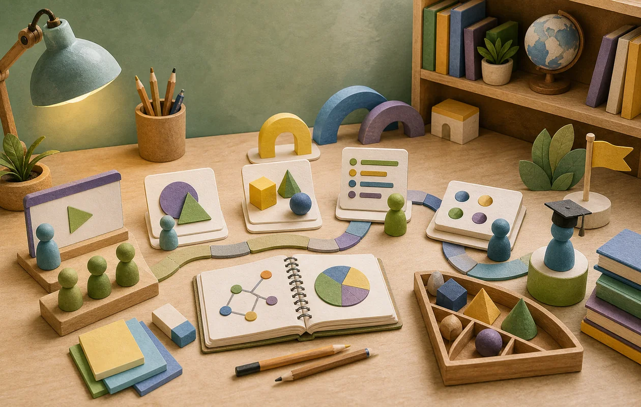 Illustration for Khan Academy: lesson cards, exercises, and a progress path structure self-paced learning