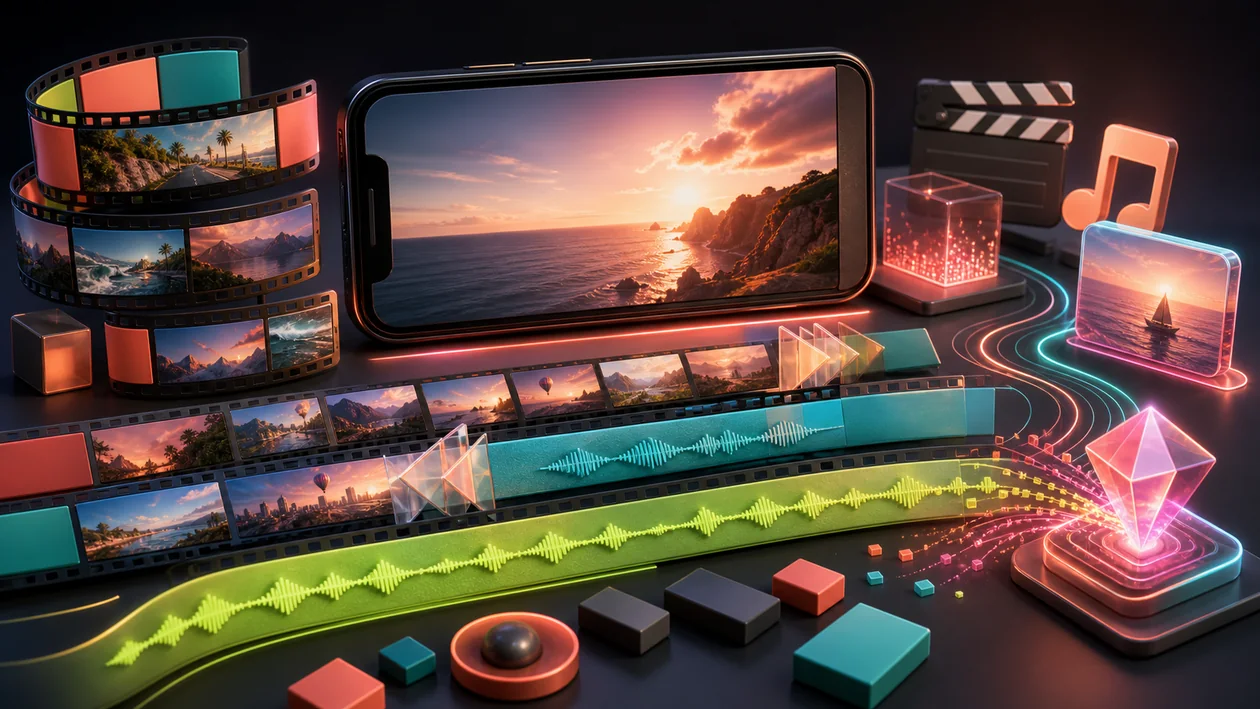 Illustration for KineMaster: mobile video editing with layers, music tracks, and export cards