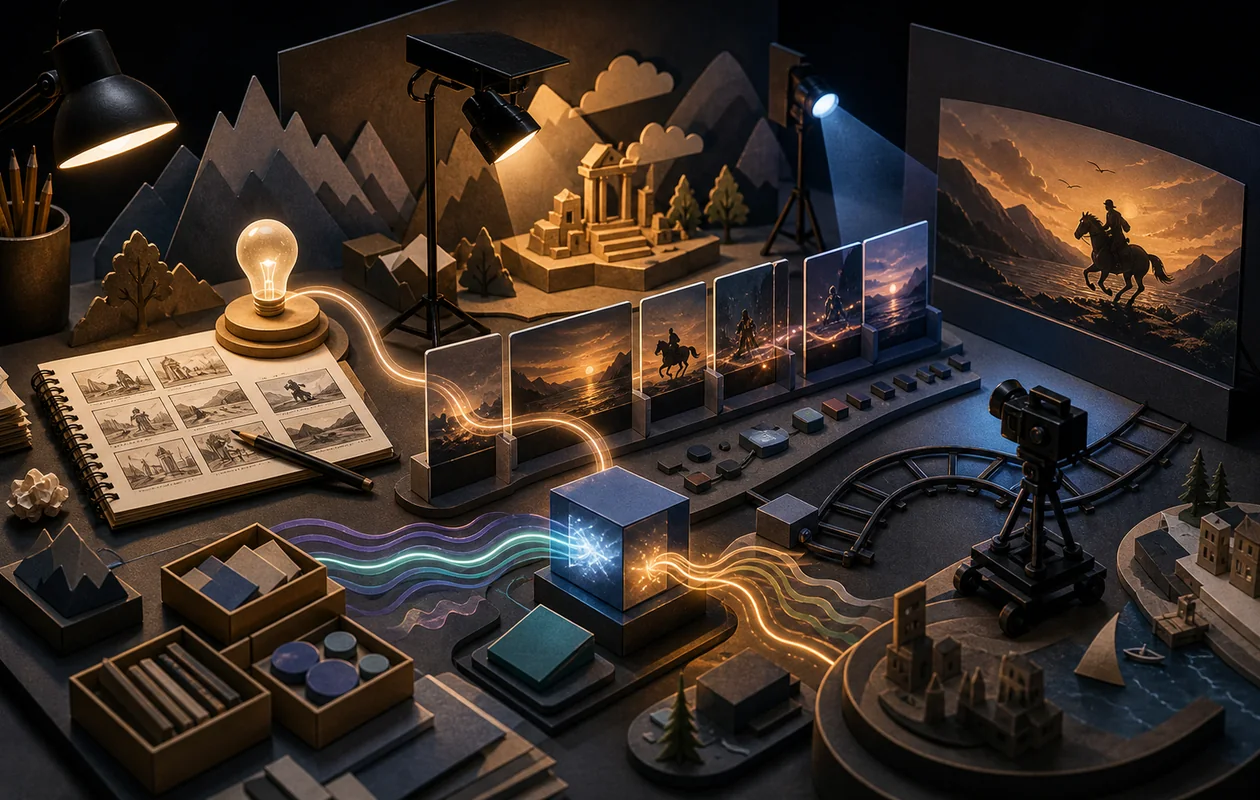 Illustration for Kling AI: storyboards, light cones, and scene strips shape a generated video sequence
