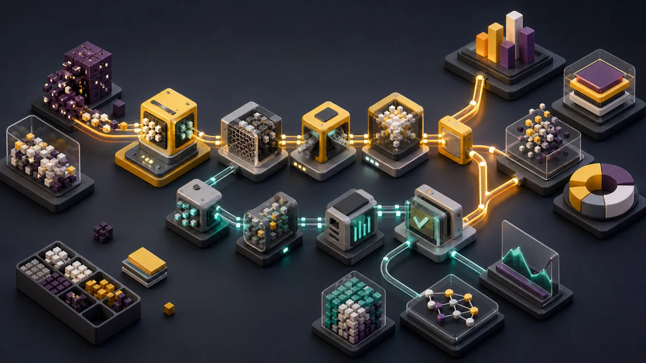 Illustration for KNIME: data nodes connect ETL steps, analytics, and model review