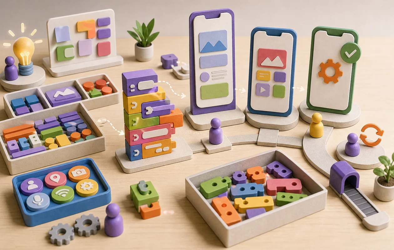 Illustration for Kodular: app screens and logic blocks are assembled into mobile prototypes