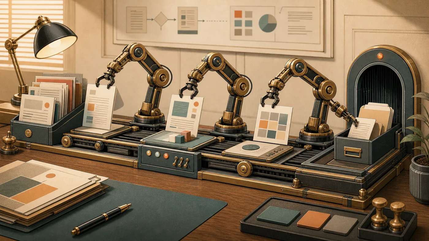 Illustration for Kofax RPA: mechanical arms moving documents through a back-office process