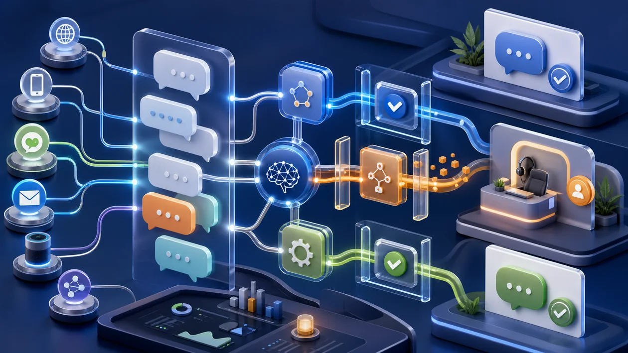 Illustration for Kore.ai: enterprise chatbot flows connect intents, channels, and escalations