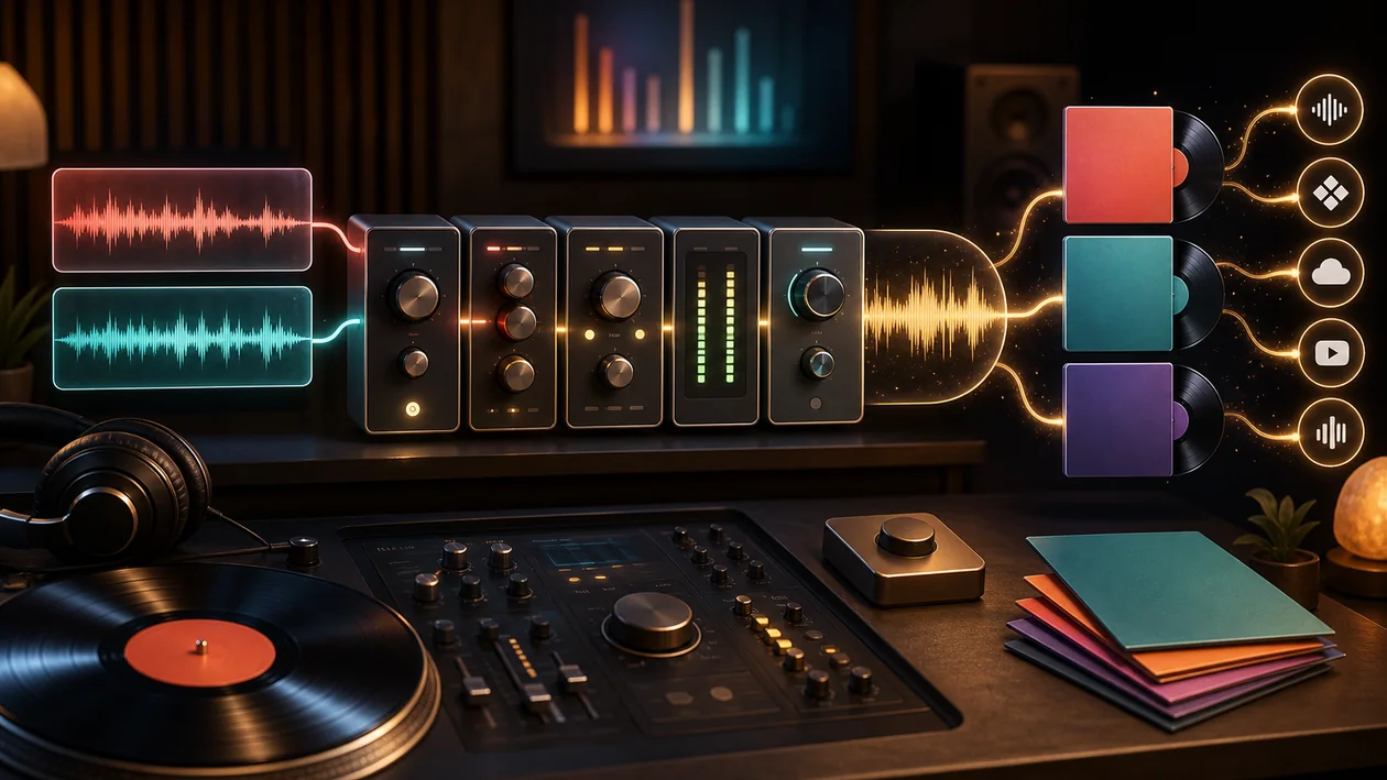 Illustration for LANDR: music studio masters tracks, reviews levels, and plans distribution