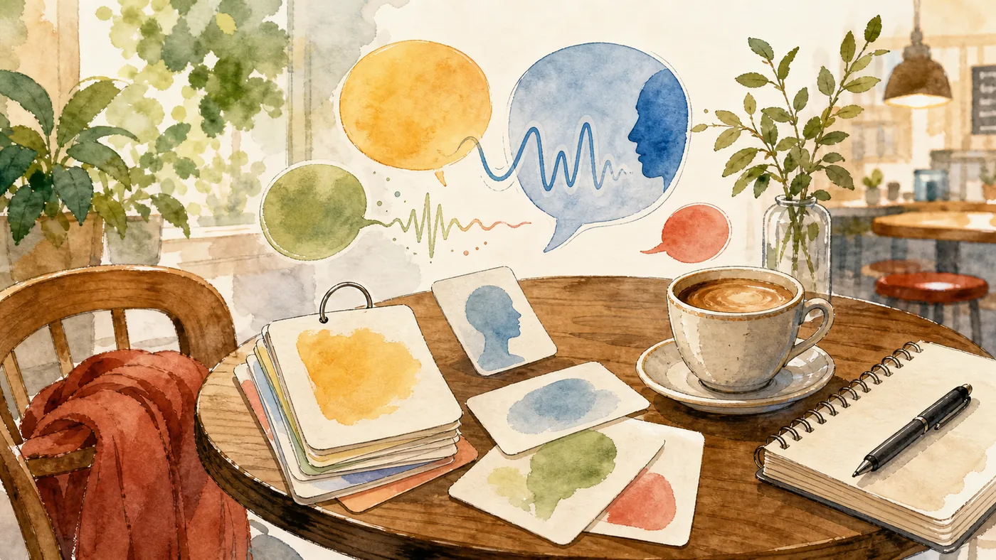 Illustration zu LangAI: ein Caf?-Tisch mit Sprachblasen, Lernkarten und Aussprachewellen