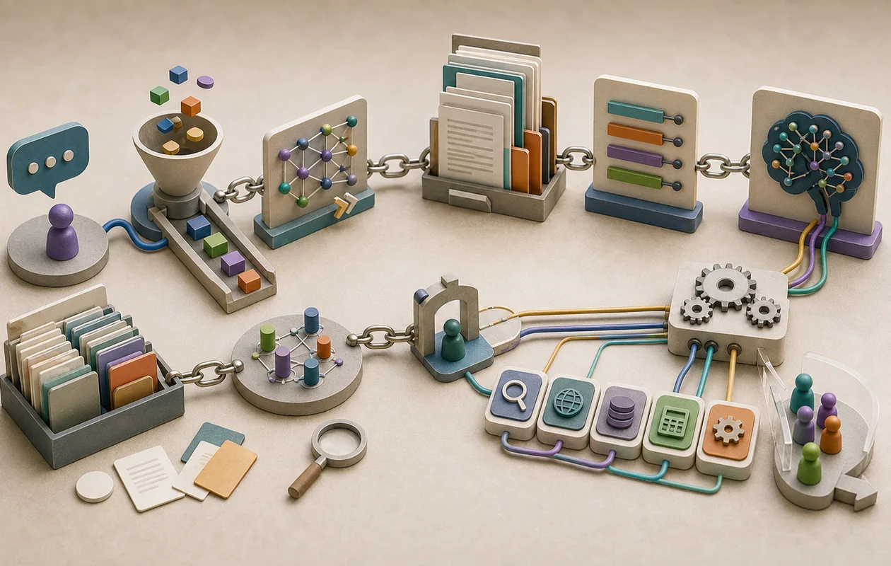 Illustration for LangChain: documents, tools, and memory blocks are linked into an AI chain