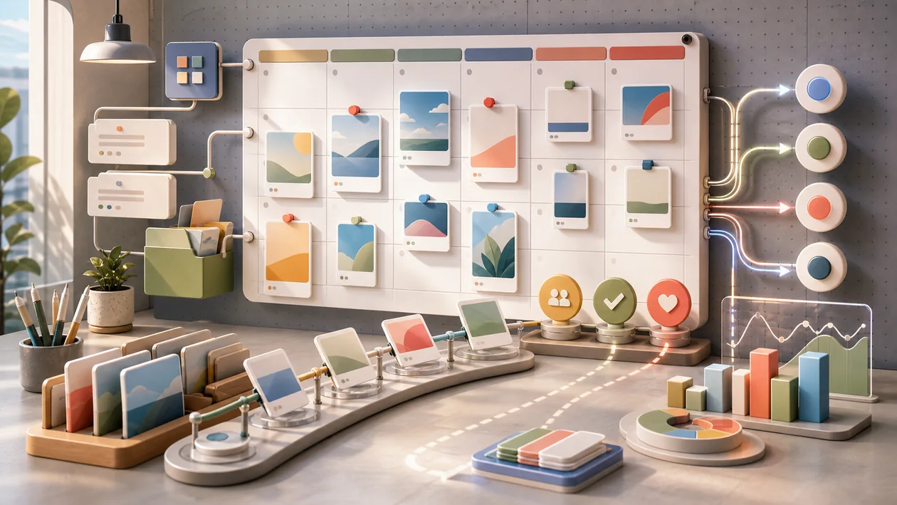 Illustration for Later: social content cards are planned, approved, and measured