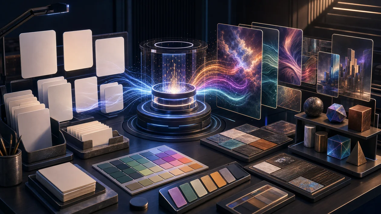 Illustration for Leonardo AI: generative design cards become abstract assets and style variants