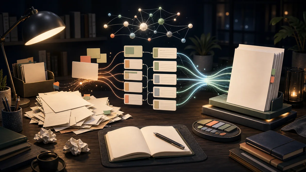 Illustration for Lex: draft cards are structured, rewritten, and gathered into a document