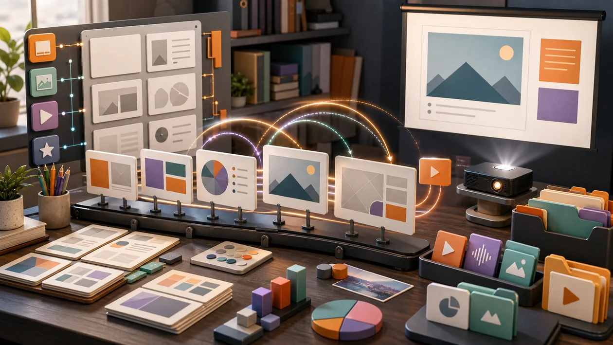 Illustration for LibreOffice Impress: slide cards, layouts, and media blocks become a presentation