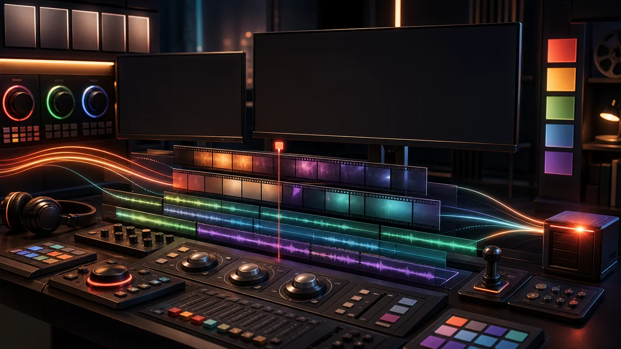 Illustration for Lightworks: video clips, color correction, and audio tracks are edited into a sequence