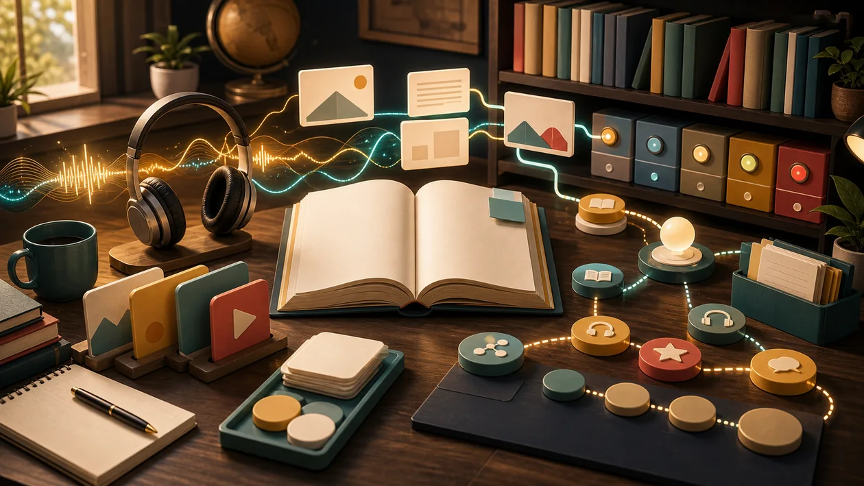 Illustration zu LingQ: Lese- und Audioinhalte werden zu Wortschatzclustern und Lernpfaden