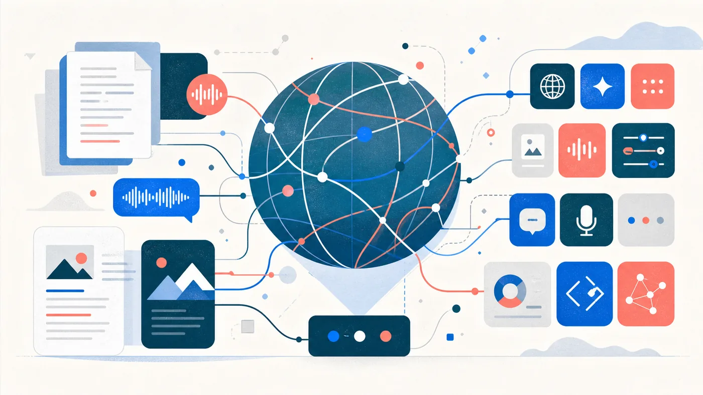 Illustration for Lingvanex: documents, voice waves and app tiles connecting in a translation network