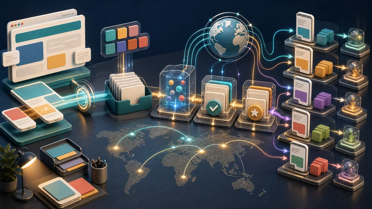 Illustration for Localize: website and app content moves through translation, review, and release