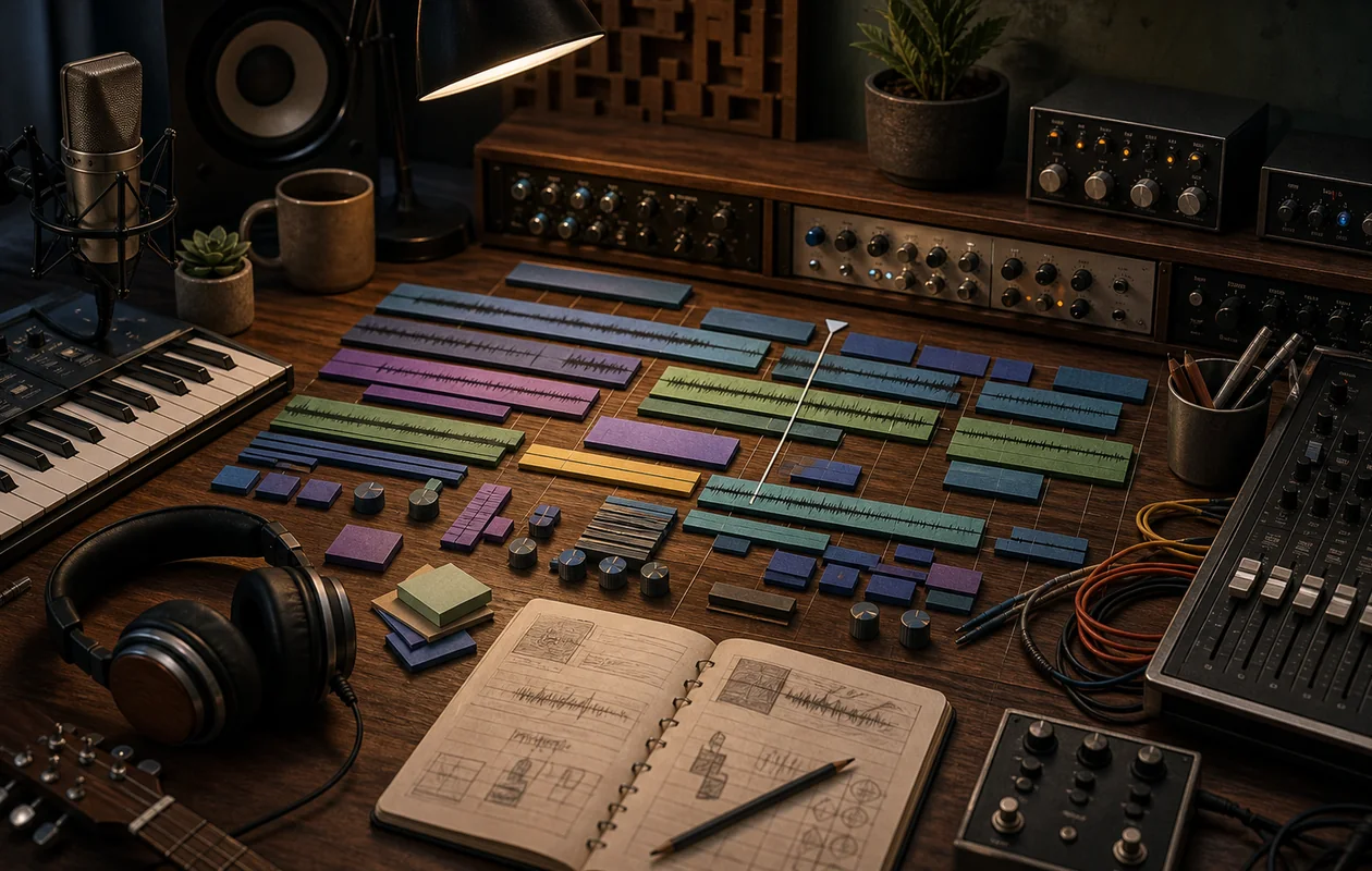 Illustration for Logic Pro: instruments, tracks, and mixer objects are shaped into an arrangement