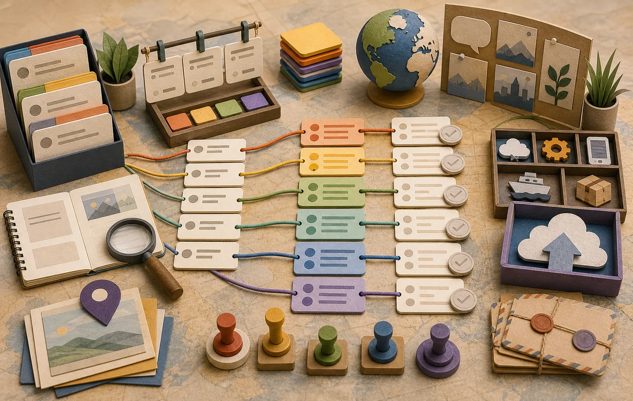 Illustration for Lokalise: string cards move through context, review, and localized delivery