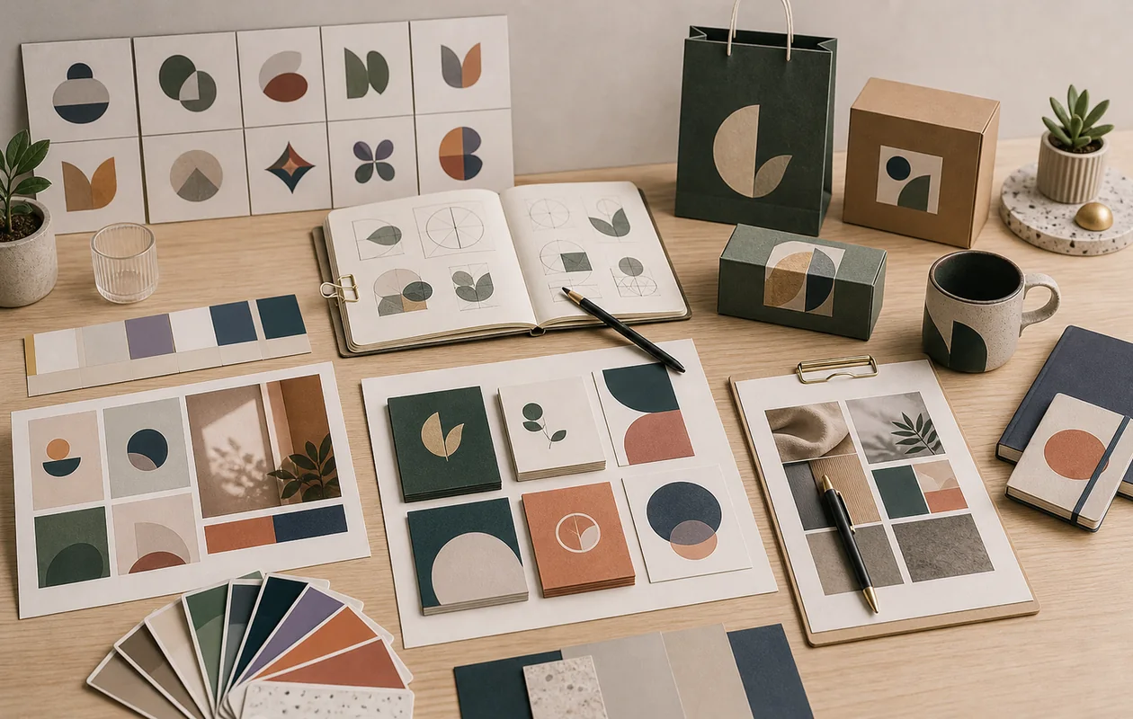 Illustration for Looka: color palettes, mockups, and abstract marks form a brand kit