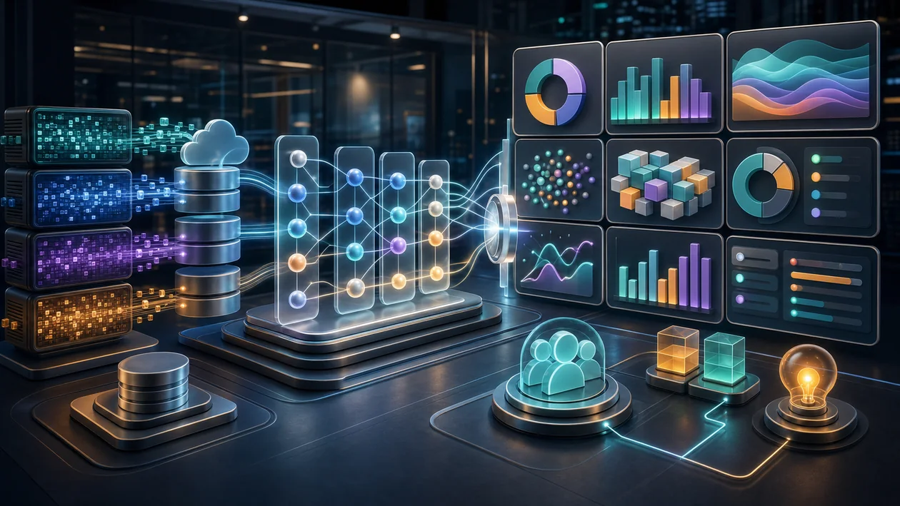 Illustration for Looker: data blocks are modeled, analyzed, and presented as visual insights