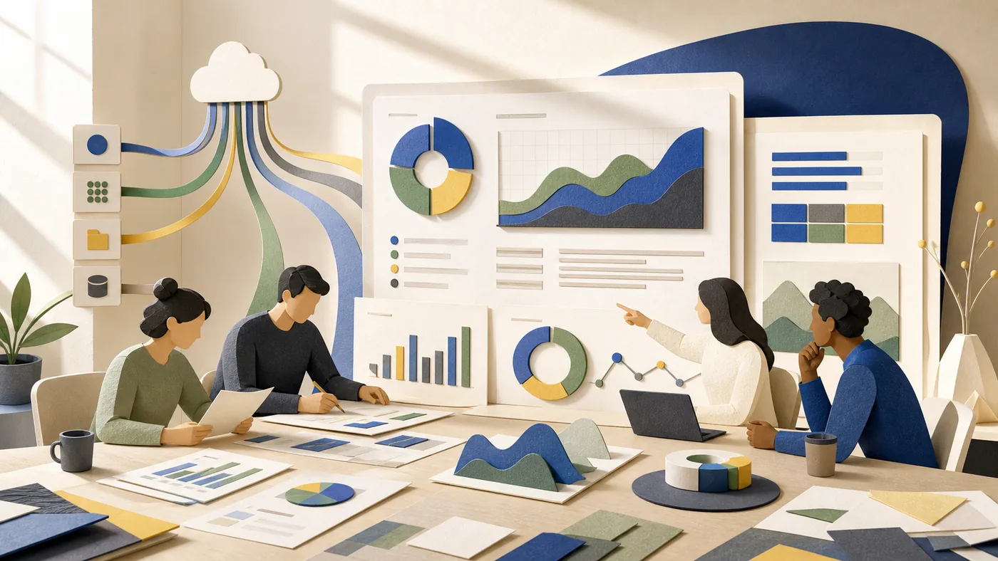 Illustration for Looker Studio: data sources becoming reports in a bright analytics studio