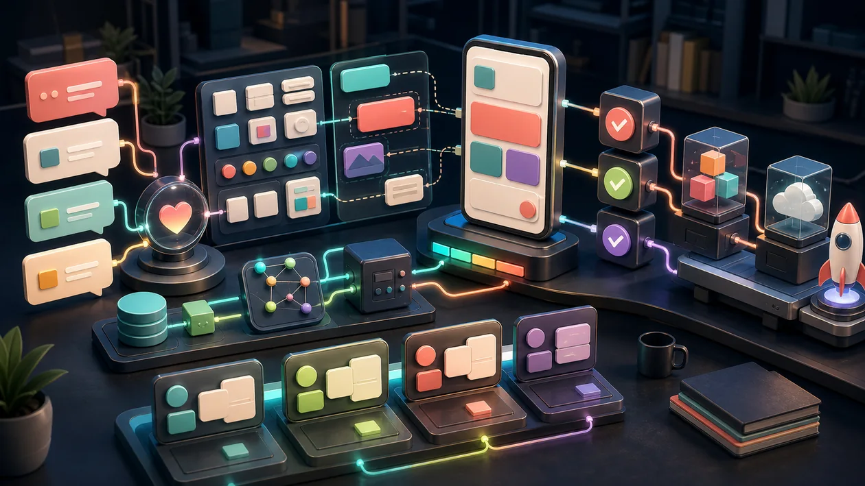 Illustration for Lovable: app prototype forms from ideas, components, data blocks, and tests
