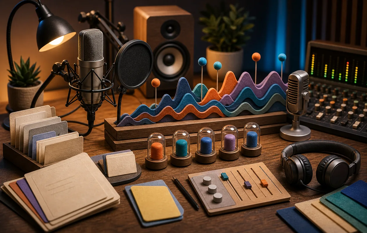 Illustration for Lovo AI: microphones, sound ribbons, and script cards become synthetic voices