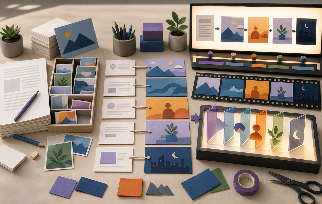 Illustration for Lumen5: article cards become video scenes through storyboard and media selection