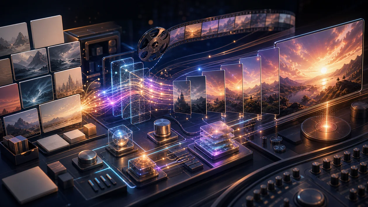 Illustration for Lumiere: image sequences transform through motion paths into AI video