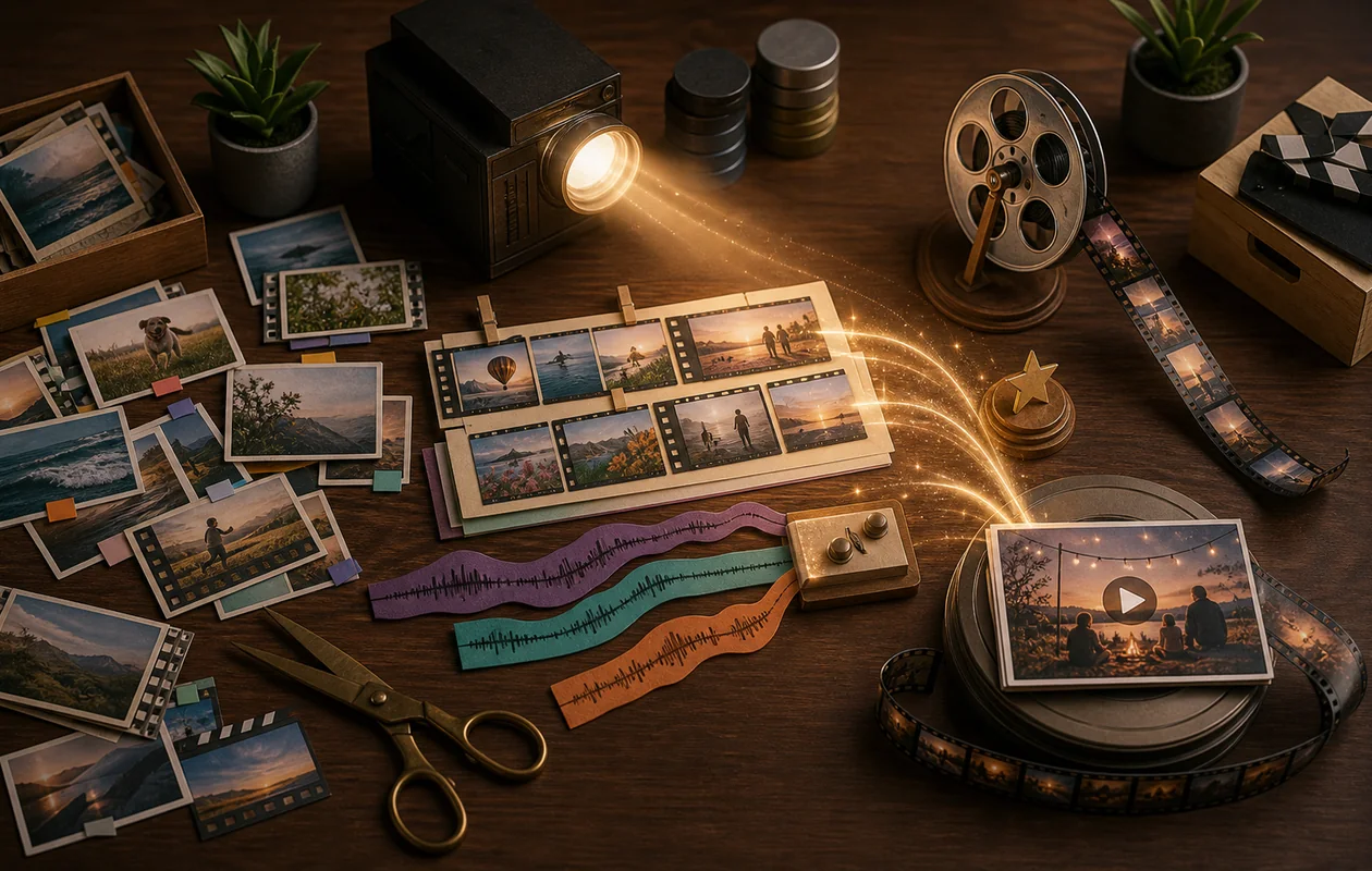 Illustration for Magisto: raw clips, music lines, and editing objects become a finished video story
