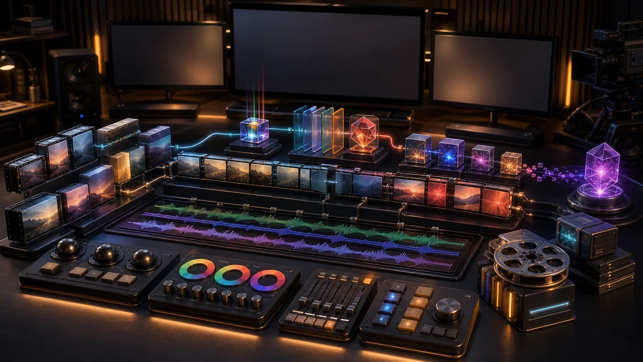 Illustration for Magix Video Pro X: clips, audio, effects, and color look are edited into production