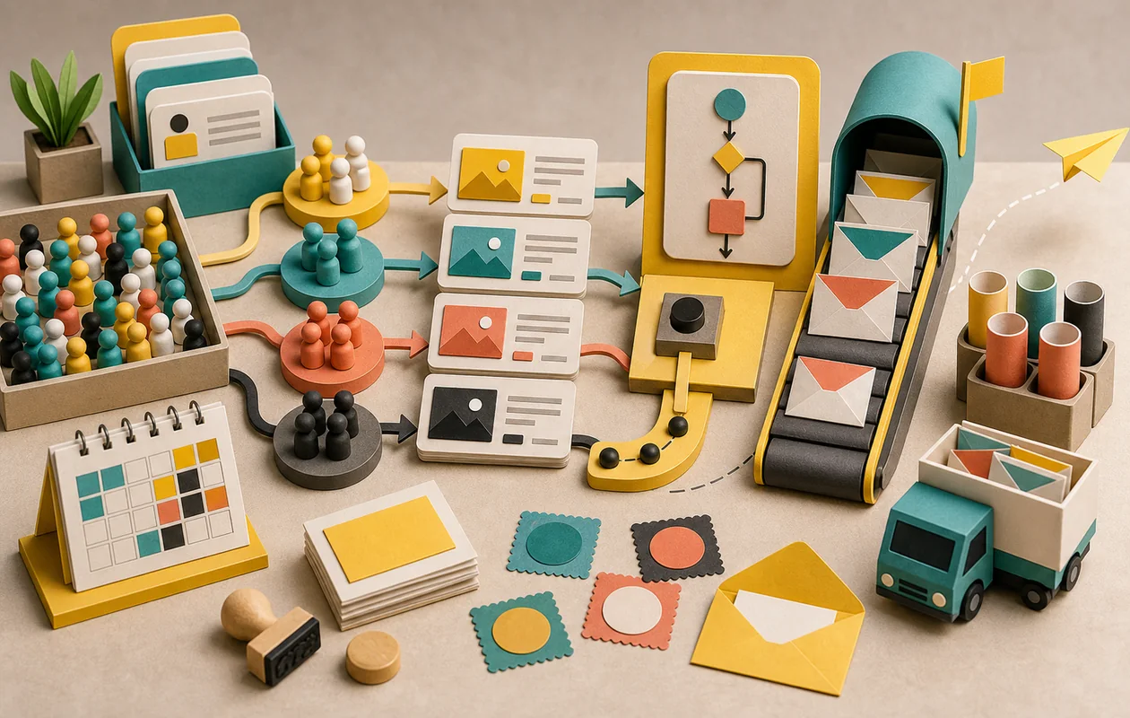 Illustration zu Mailchimp: Zielgruppen, Kampagnenkarten und Umschlaege bilden einen E-Mail-Marketing-Fluss