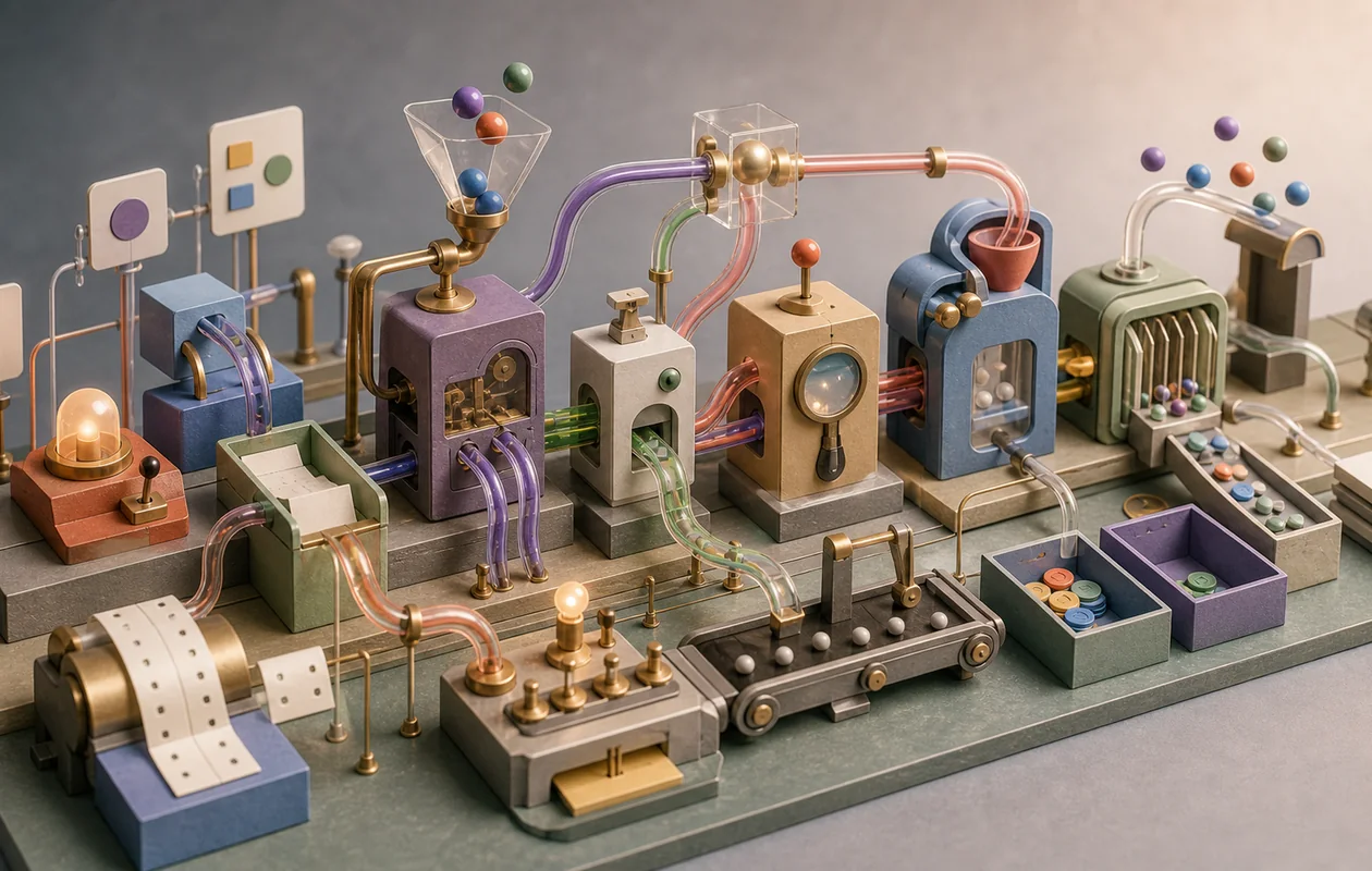 Illustration for Make: automation modules, filters, and output carriers connect workflow steps