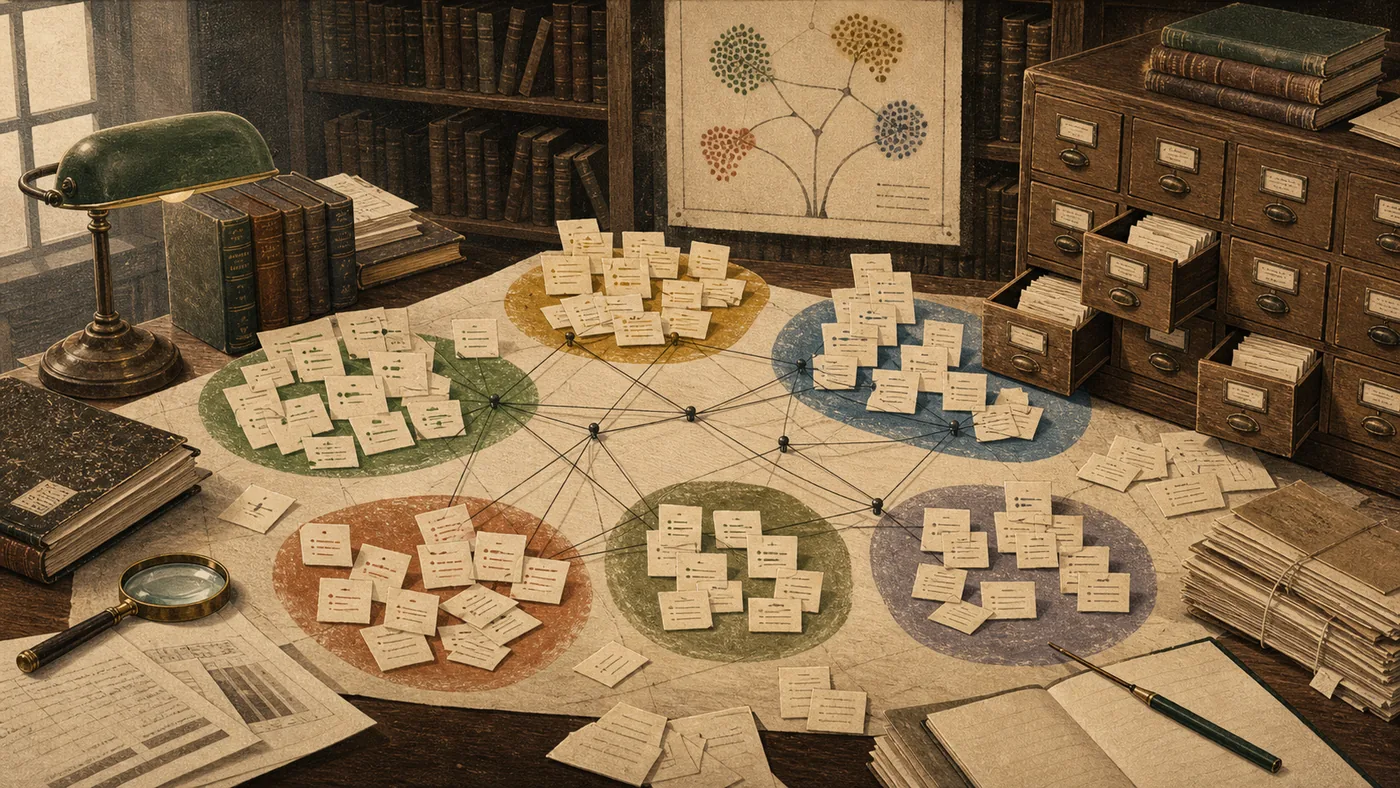Illustration for MALLET: paper clusters on a research table showing topic modeling