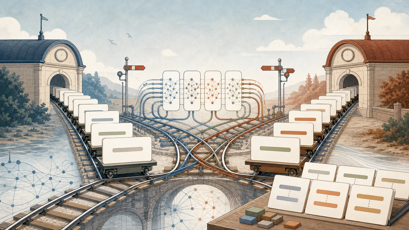 Illustration for Marian NMT: sentences moving through translation rails between language stations