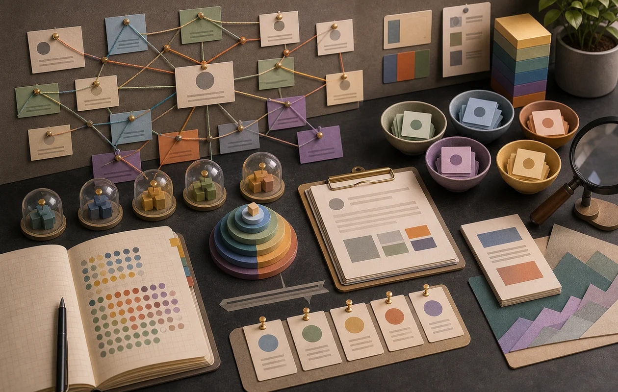 Illustration for MarketMuse: topic clusters, research threads, and brief cards organize content strategy