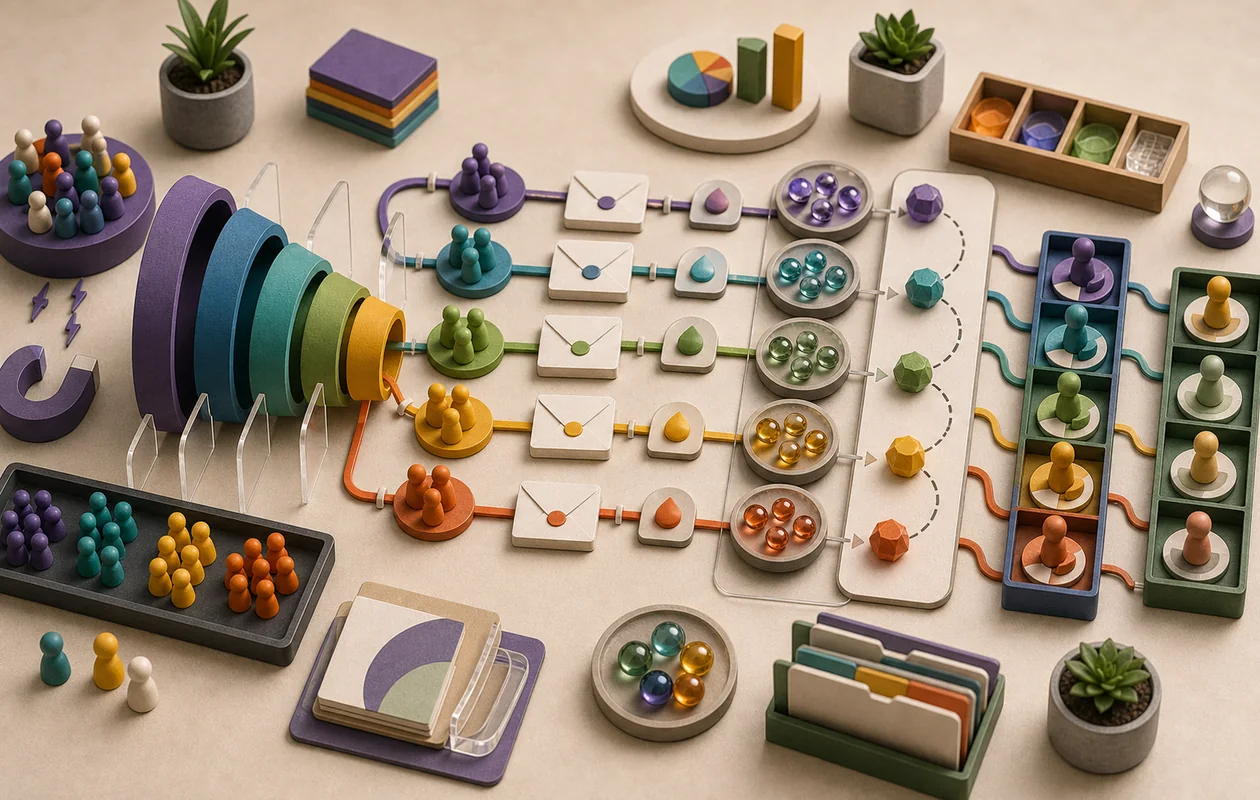 Illustration for Marketo: leads move through segmentation, campaigns, and sales handoff