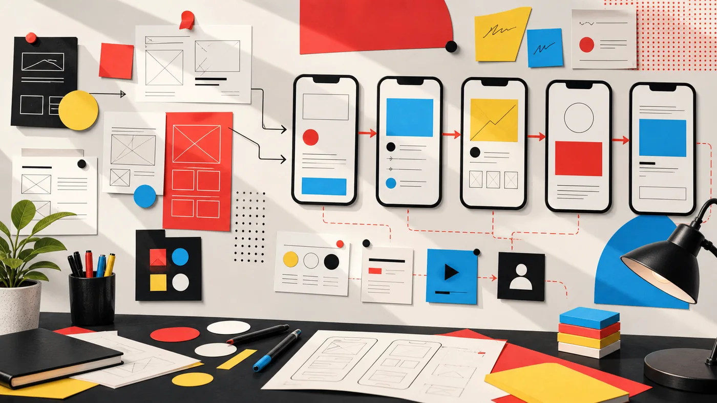 Illustration for Marvel: wireframes and prototype cards on a design studio wall
