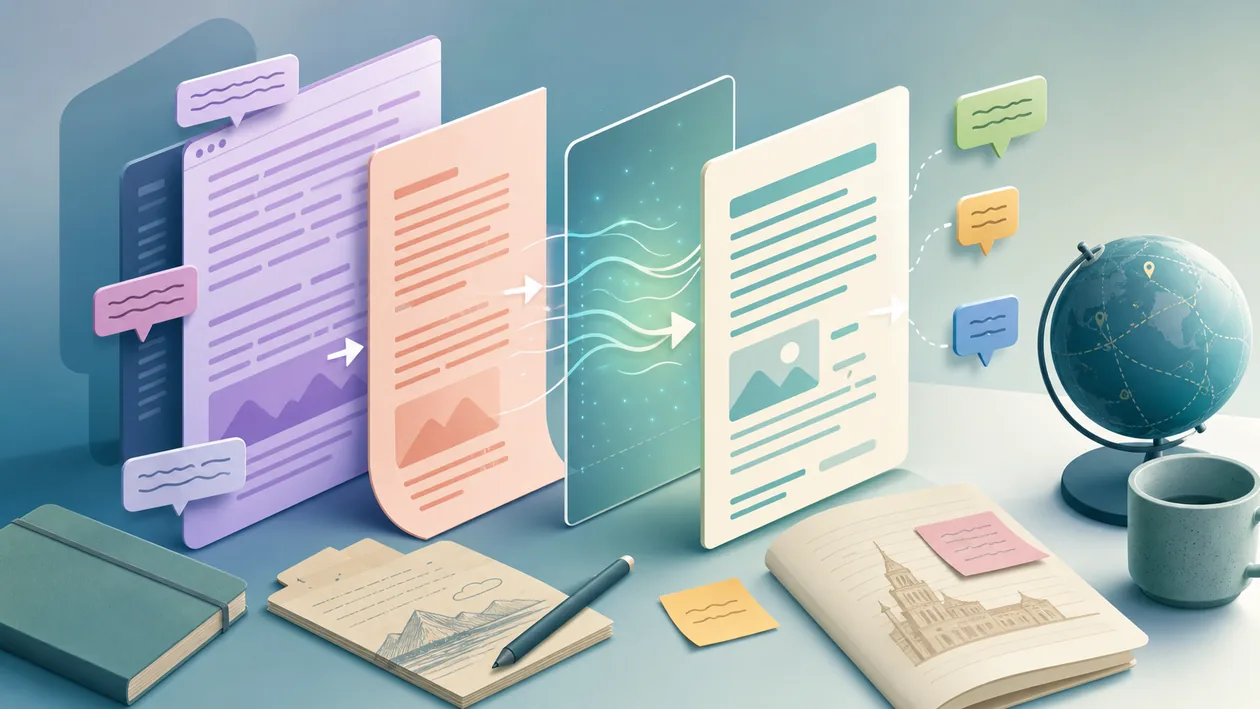 Illustration for Mate Translate: language cards, documents, and meaning paths form a translation workflow