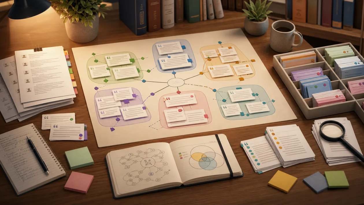 Illustration for MAXQDA: interview notes, codes, and theme clusters are organized into qualitative analysis