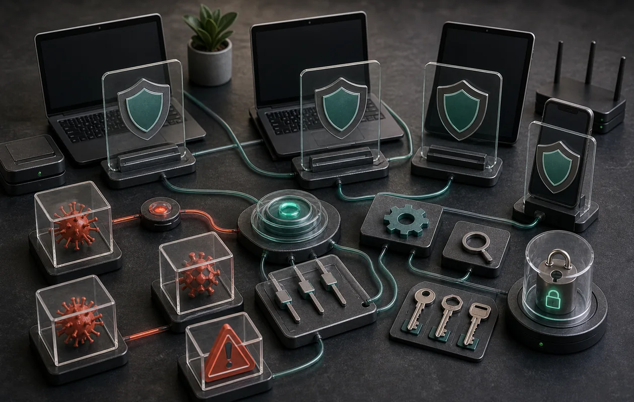 Illustration zu Trellix Endpoint Security: Endgeraete werden durch Schutzschichten, Quarantaene und Reaktionspfade abgesichert