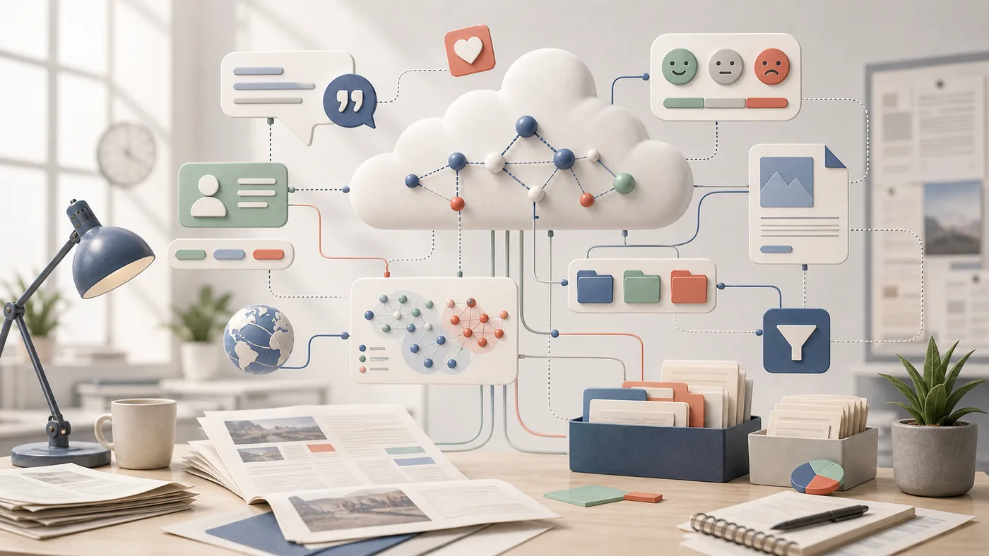 Illustration for MeaningCloud: semantic clouds, entities and classification paths above a work desk