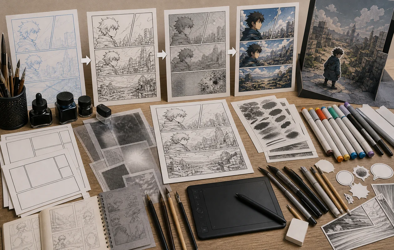 Illustration for MediBang Paint: comic panels emerge from sketch, ink, screen tone, and color