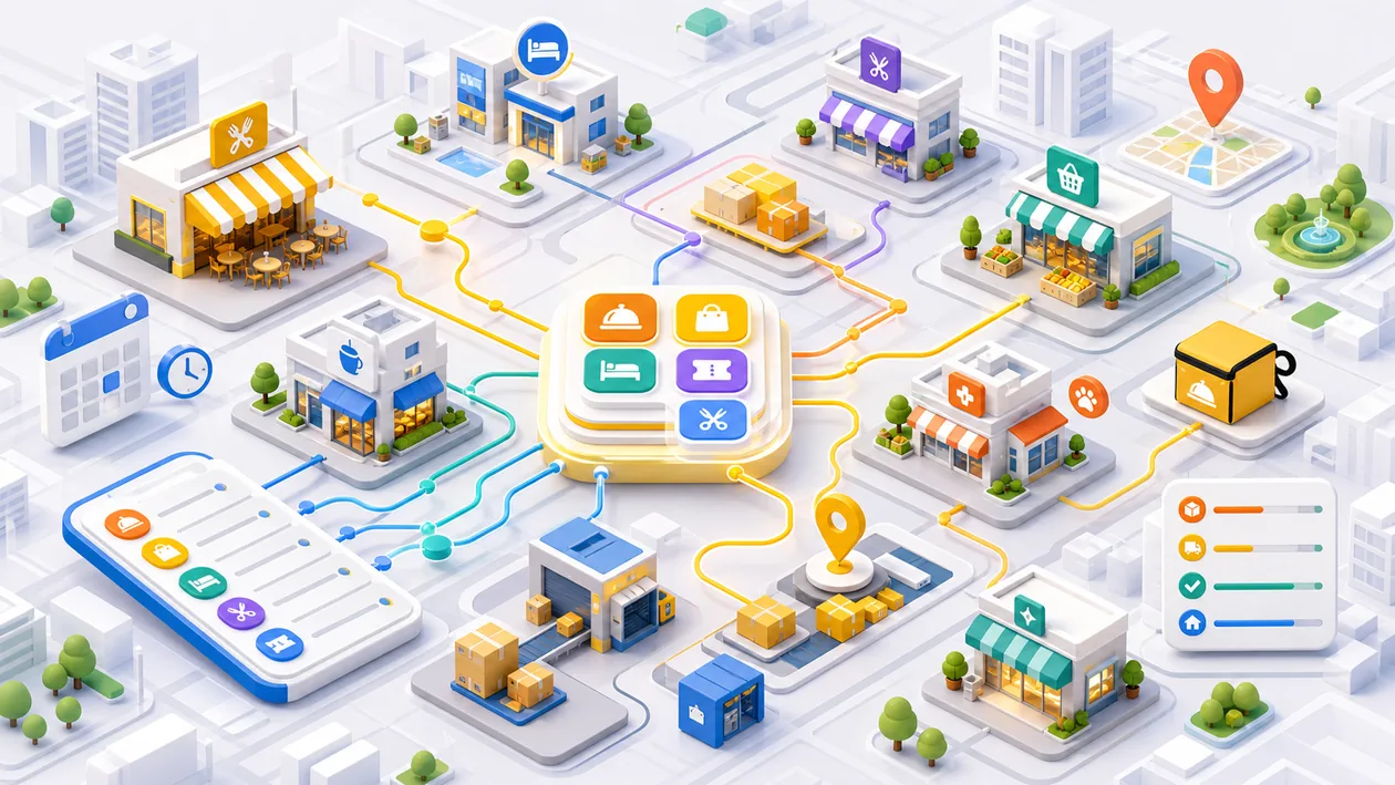 Illustration for Meituan: local service requests move through routes, bookings, and operations stations